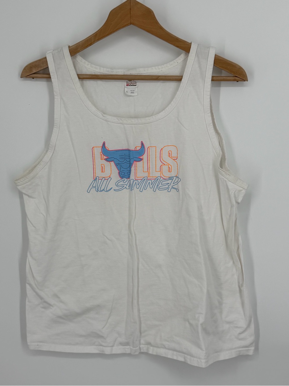 Bulls All Summer White Pink Blue Graphic Tank Vintage Fruit of the Loom Cotton L